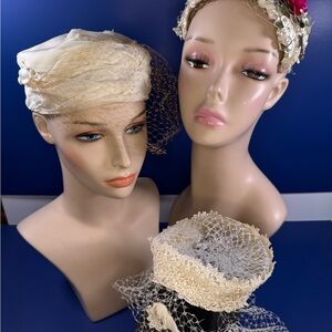 Lot of 3 VTG Bridal Caps – Lace, Gauze, Appliqué – MC Wedding Headpieces